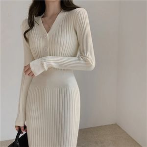 Grundläggande casual klänningar Womans Sticked Autumn Winter Clothes Vneck Women Sweater Dress Korean Fashion Streetwear Dress Long Sleeve Top Woman Dress 231127