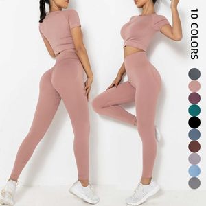 Yoga Outfit Women Seamless Yoga Outfits 2Piece Set Workout Gym Trousers+Short Sleeve Crop Top New In Matching Sets Ropa Deportiva Mujer Gym P230504