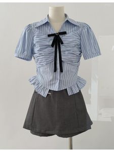 Damskie bluzki przybycie latem 2023 Koreańskie odzież moda w stylu Preppy But But Butow Up Kobiet Tops Pleted Peplum Eleganc