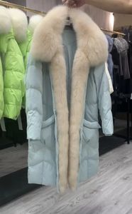 Женское зимнее пальто из искусственного меха 2023, женское белое гусиное пуховое пальто с серебряным воротником, длинная парка, толстая теплая уличная одежда, женское пальто 231127