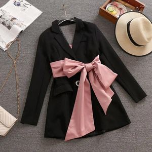 여자 정장 여성 재킷 보우 핑크 핑크 아웃 백리스 디자인 긴 소매 노치 블레이저스 코트 슬림 하이 스트리트 스타일 가을 패션