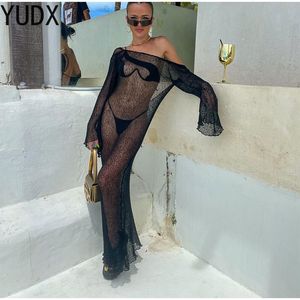 Women's Swimwear Sexy Sheer Mesh Bikini Cover Up Women Solid Full Sleeve Backless Beach Long Maxi Dress 2023 Summer Female Loose Swimsuit 230426