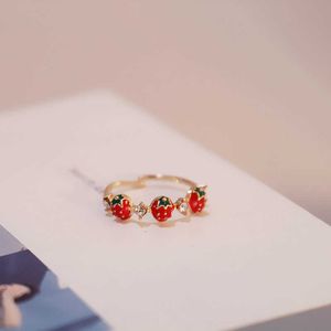 Band Rings ONEVAN Rhinestones Sweet Fruit Red Strawberry Open Adjustable Finger Rings For Women Girls Party Gifts AA230426