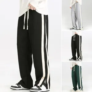 Calças masculinas esportes versátil listrado perna larga sweatpants confortável elegante para cintura elástica