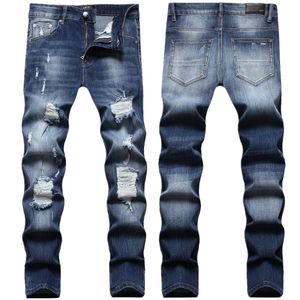 Jeans masculinos European Jean Hombre letra estrela am Men Bordado de retalhos de retalhos da marca Ripped Trend Motorcycle Pant Mens Skinny AM1171# Tamanho 28-42