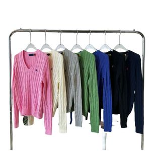 Ralphs 디자이너 Laurens 스웨터 최고 품질 조랑말 로고 순수면 V- 넥 자수 꼬인 니트 느슨한 긴 소매 간단한 캐주얼 스웨터