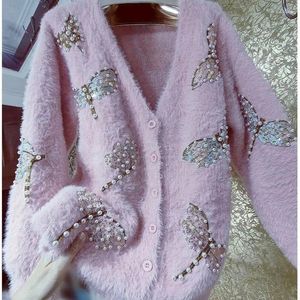 Женский вязаный свитер на осень-зиму, розовый норковый кашемировый вязаный кардиган, женский шикарный свободный свитер из мохера с жемчугом и бисером, пайетками и бабочками