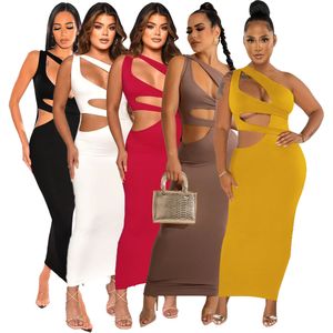 2024 Designer Sexy Dresses Summer Women Sleeveless Inclined Shoulder Dress Hollow Out Bodycon Long Dress Night Club Party Wear Bulk items Wholesale Clothes 9793