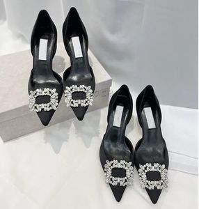 Luxury satin diamond high heels shoes banquet wedding ladies semi trailer dress designer heels woman wedding party high heels shiny rhinestone double bow sandals