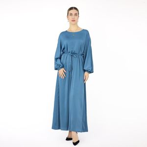 Abbigliamento etnico Plain Abaya Plus Size Satin Green Kaftani marocchini musulmani per donne con cintura Abito Dubai di alta qualità EID Ramadan Islamic