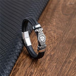 Charm armband mkendn vikings stil 16 sträng flätat läder armband för män triangel vegvisir amulet skandinaviska ouroboros smycken