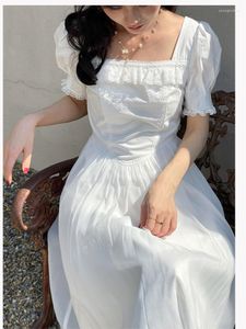 Casual Dresses Women Summer Puff Sleeve Elegant White Dress Female Square Collar France Vintage Weding Party Mesh Mini