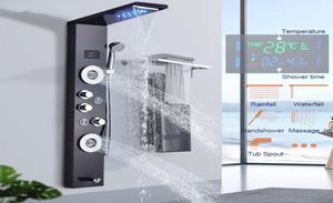 Роскошная светодиодная душевая панель BlackBrushed для ванной комнаты, башенная система, настенный смеситель, ручной душ, спа-массаж, температурный экран5369121