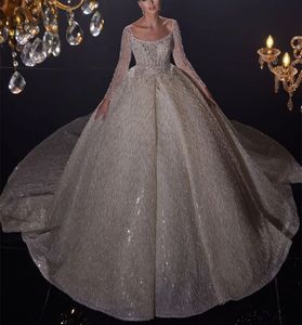 Luxury Ball Bown Wedding Dresses Bateau Long Sleeves Sequins Applices Pärlade golvlängd Ruffles 3D spetsar plus storlek blixtlås brudklänningar plus storlek vestido de novia