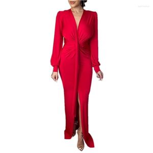 Sıradan elbiseler kırmızı zarif parti gece elbise kadınlar uzun kollu ince yarık maksi bahar yaz 2023 stil bayanlar bornoz vestidos