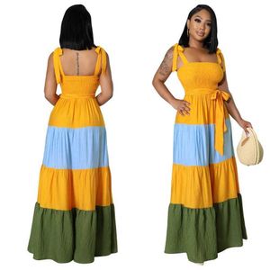9630 Kontrastfärgär ärmlös spetsad klänningar upp midjestrem söt klänning
