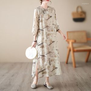 Casual Kleider 2023 Ankunft dünne weiche Baumwolle Leinendruck Blumen Vintage chinesischen Stil Sommerkleid Roben Cheongsam Frauen Midi