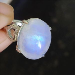 Cluster Rings 15x11mm Natural Moonstone Blue Light Adjustable Ring Crystal Woman Oval 925 Sterling Silver Stone