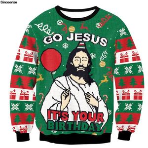 Damenpullover Herren Damen Hässliche Weihnachtspullover Pullover Tops Alles Gute zum Geburtstag Jesus Pullover Grün 3D Lustig Bedruckt Urlaub Party Weihnachten Sweatshirt 231127