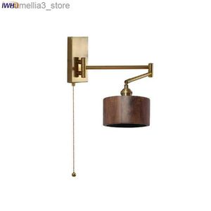 Wall Lamps IWHD Pull Chain Switch LED Wall Light Fixtures Sconce Left Right Rotate UP And Down Bedroom Beside Lamp Wooden Modern Wandlamp Q231127