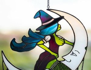 Nyhetsartiklar Halloween Witch on Moon Decor färgade Suncatcher Window Hangings Outdoor Wall Art Home Decoration GHS993057152