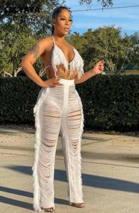 Women039s Calças de duas peças CMYAYA Sexy Beach White Mulheres 2pcs Set Tassel Crop Tops e Hole Wide Leg Pants Set Sweatsuit Tracks1975417