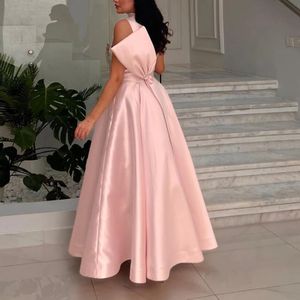 Neues Abendkleid in A-Linie mit Stehkragen, ärmellos, einfache Falte, Schleife, knöchellang, Ballkleider, modernes, langes, rosafarbenes Satin-Geburtstagspartykleid