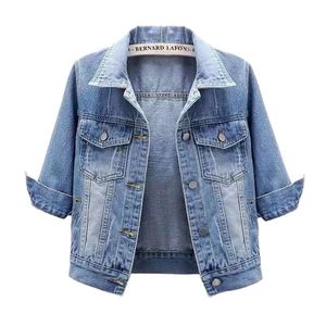 Kvinnors jackor kvinnlig sommar denim jacke godis färger fritid kort smal passform tre kvart ärmar denim outcoat kvinnor jeans jacka rock 5xl 230427