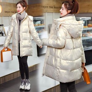 Casual Schwarz Glänzend Wintermantel Frauen Neue Feste Lange Kapuze Parkas Kleidung Puffer Blase Jacke Mäntel Weibliche Outwear 201110