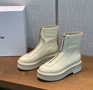 Raden White Smooth Leather Ankle Chelsea Boots Platform Zip Slip-On Round Toe Block Heels Flat Wedges Booties Chunky Boot Luxury Designer 14