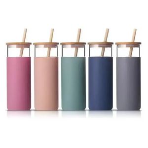 16oz Glass Tumbler 5 Colors 500ml Cup Travel Water Bottle With Silicone Protective Sleeve Bamboo Lid And Straws FY5138