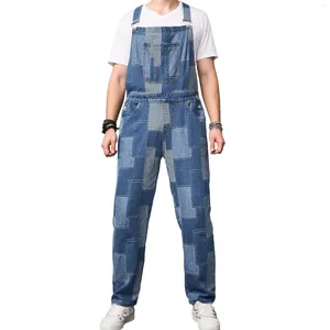 Mäns jeans mode denim hakgängs overaller med lapptäcke high street hip hop jumpsuits lappade spännbyxor för man