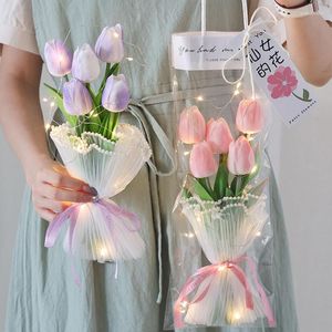 Dekorativa blommor Tulpan Artificiell blomma färdig handbukett Handikraft med lätt sträng födelsedagslärares dag gåva hem