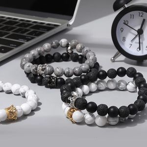 Chain 8mm Natural Stone Micro Pave Crown King Queen Beads His and Hers Couple Bracelet 231124