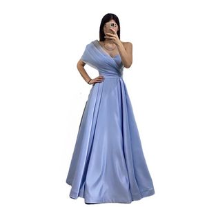 Jeheth Sky Blue Long Phood Satin Satin Prom Dress Fronge без спинка Вечернее арабское платье для вечеринки арабское платье