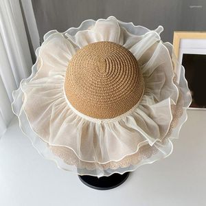 Breites Krempeln Hats Net Garn Dekor runde Kuppel Strandhut Frauen Große Sonnenschutzmodelle Fashion Accessoires