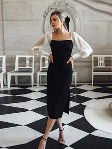 Casual Dresses Women Mesh Puff Sleeve Split Midi Black White Square Collar Long Vestidos Fashion Elegant Evening Party Dress