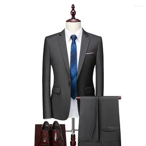 Men's Suits Classic Dark Grey Men Suit Sets Evening Dinner Host Slim Fit Costumes 2Pcs Wedding Party Groomsman Fashion Blazer Pants Outfits