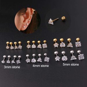 3mm-5mm Pentagram Love Triangle Square Stud Earring Cubic Zircon 20g Thin Rod Stainless Steel Screw Ball Earbone Nail Piercing Earrings Stud 14K Gold Jewelry