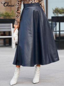 Capris 2022 Celmia Winter PU Leather Skirts女性エレガントオフィスレトロミディスカート特大パーティースカートハイウエストミディスカート