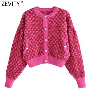 Sweaters Zevity New Women Vintage Houndstooth Print Pockets Short Knitting Sweater Female Chic Pearl Buttons Cardigans Coat Tops SW1107