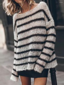 Women's Sweaters Women Loose Knit Sweater Stripe Hollow-Out Long Sleeve Pullovers Fall Winter Backless Jumpers Tops Streetwear