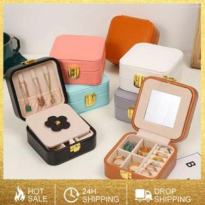 Jewelry Pouches Box With Mirror Exquisite Beauty Gift Packaging Jewellery Storage Holder Case Small Ring Earring Display