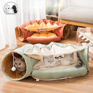 Mats Japonya Harajuku Cat Katlanabilir Tünel Yatak Çıkarılabilir Komik Kedi Mat Tüp Pet Etkileşimli Oyuncaklar Ses Kağıt Yüzük Bell Cat Nest