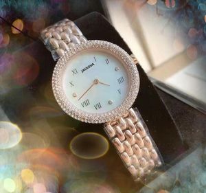 Beliebte Mode Damen kleine römische digitale Zifferblattuhr Cystal Damen Edelstahlband voller Diamanten Ring Kristall Spiegel Quarz Tischkette Armband Uhren