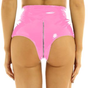 Calções femininos wetlook pvc couro patente sexy clubwear cintura alta frente zip shorts calças quentes noite festa clubwear rave sexy calcinha