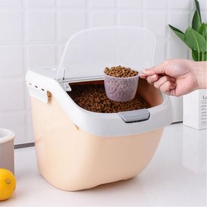 Alimentador de plástico para animais de estimação, balde de alimentação para cães e gatos, antioxidante, armazenamento seco, grande capacidade, caixa fresca, recipiente de alimentos, barril de cachorro e copo de medição