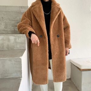 Mäns päls faux päls vinter män förtjockas varm nallebjörn kappa långärmad fleece faux päls outwear casual lös långa h överrockar b518 231127