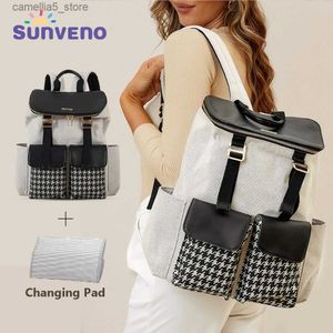 DIAPER Väskor SUNVENO MOMMY DIAPER BAG Ryggsäck Multifunktion Stylish Baby Bag med byte av byte av stor kapacitet Houndstooth Diaper ryggsäck Q231127