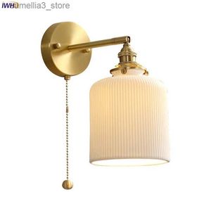 Lamps IWHD Nordic Ceramic LED Wall Light Fixtures Pull Chain Switch E14 Socket Copper Modern Beside Lamp Sconce Home Lighting Wandlamp Q231127